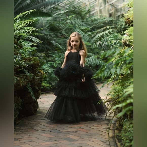 Mac Duggal 20588 Girls High Neck Tulle Dress with Feathers - Picture 4 of 9